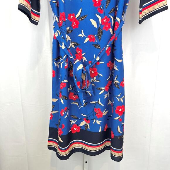 ANN TAYLOR Border Floral Belted Midi Dress 3/4 Sleeve Blue Petite M PM MP - Picture 6 of 11